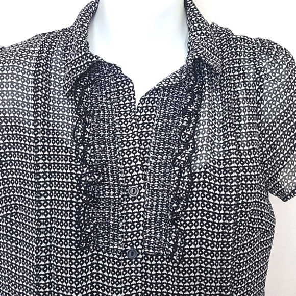 Blouse short sleeve ruffle button down black white print built in camisol Small - Picture 2 of 7